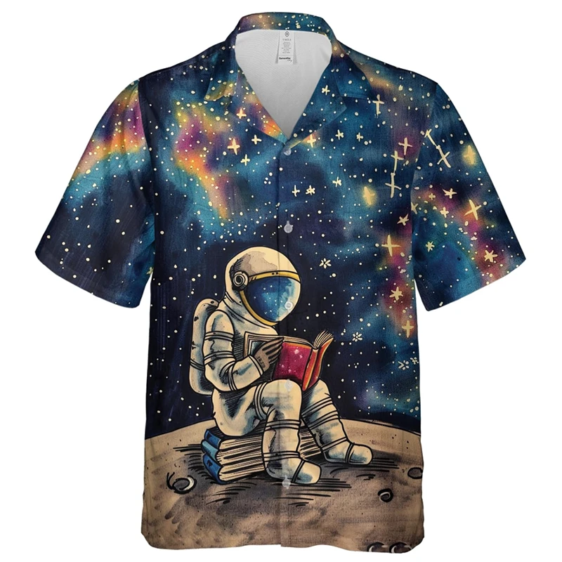 

Fashion Astronaut Space Hawaiian Shirts For Men 3D Print Spaceman Lapel Shirt Street Loose Button Tee Short Sleeves Hawaii Style