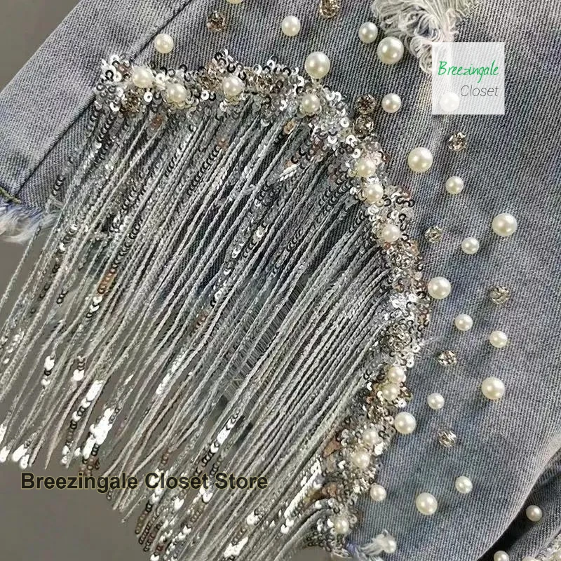 American heavy industry full rhinestone denim shorts women's summer new high waist fashion slim beaded tassels ripped jeans.