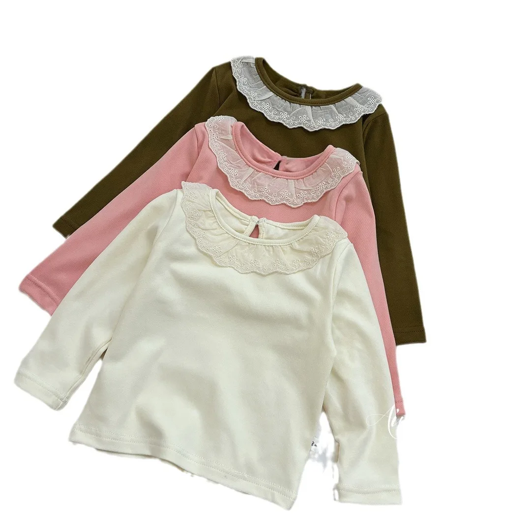 Autumn Babys Girl Undershirt Cotton Lace Collar Long Sleeve Toddler Girl Bottom Tops Loose Solid Versatile Infant Girl Pullovers