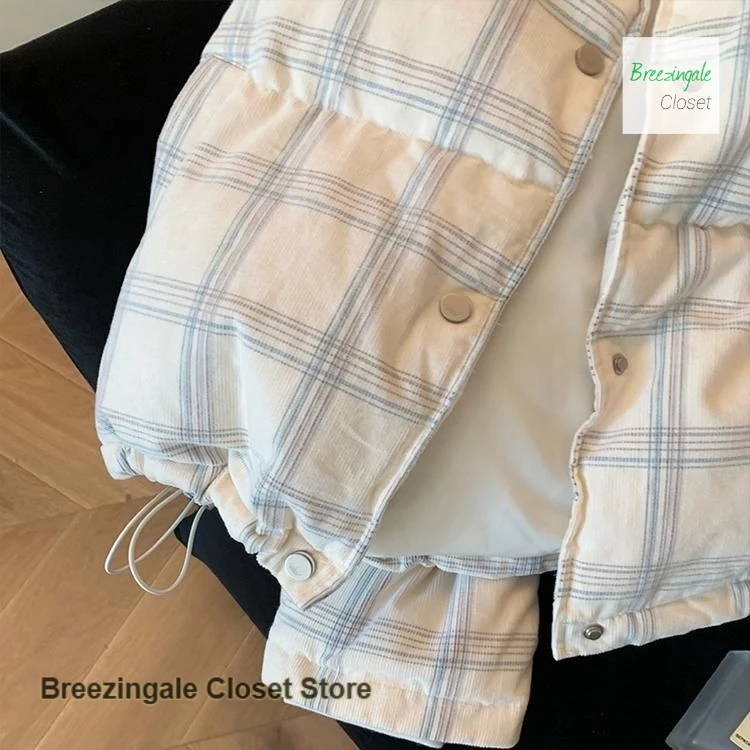 Korean corduroy plaid collar thickened cotton-padded jacket women's autumn and winter new temperament warm casual coat.