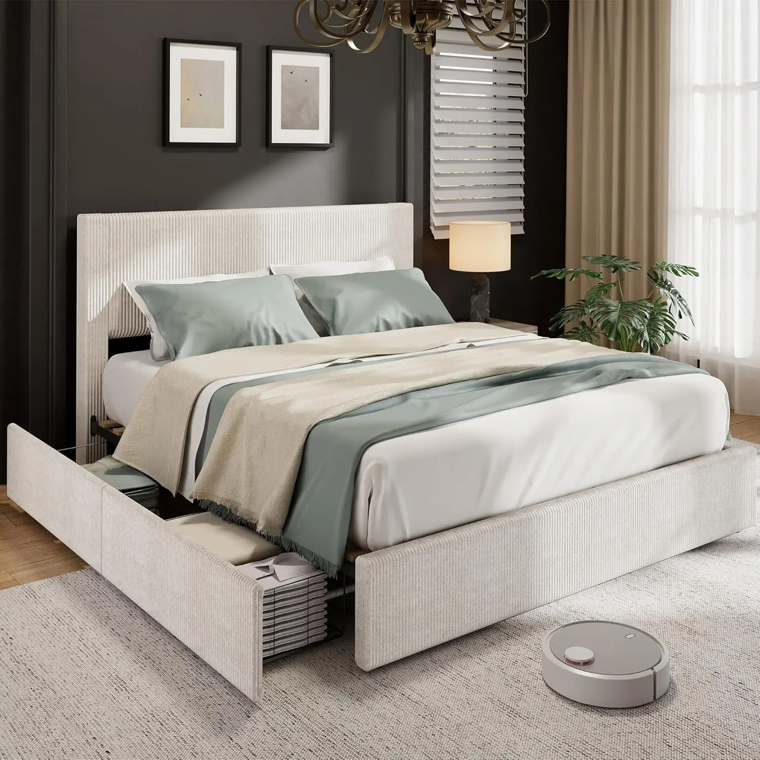 King Size Bed Frame with Tufted Wingback Headboard, Platform Corduroy Upholstered Bed Frame with 4 Storage Drawers and Wooden Sl
