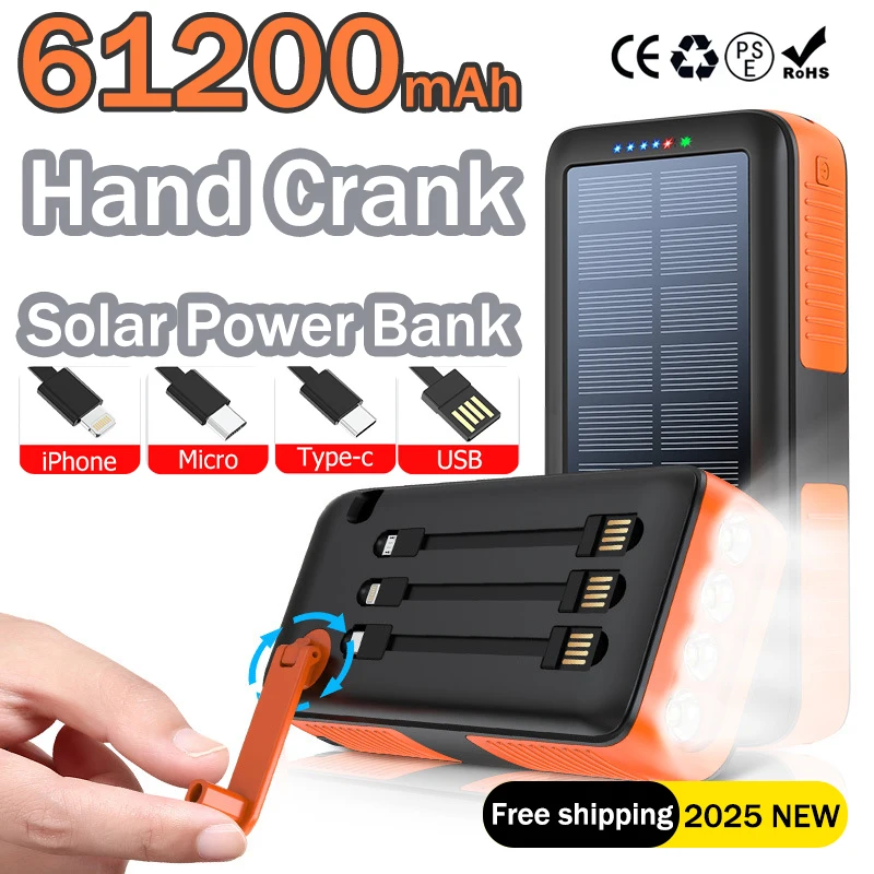 

61200mAh Hand Crank Solar Power Bank Waterproof Portable External Battery Charger Powerbank for IPhone 16 Huawei Xiaomi Samsung
