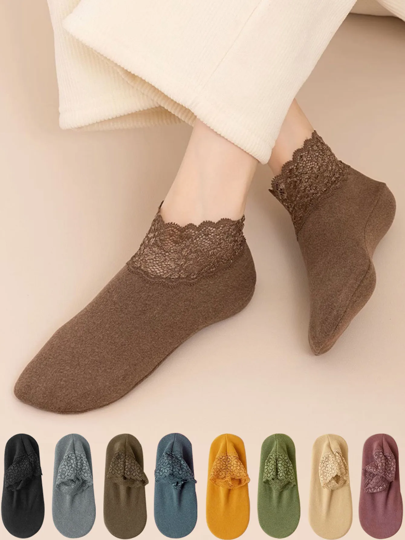 

2 пары женских низких кружевных термоносков, винтажные милые элегантные толстые бархатные теплые домашние носки-тапочки, осень-зима, теплые мягкие