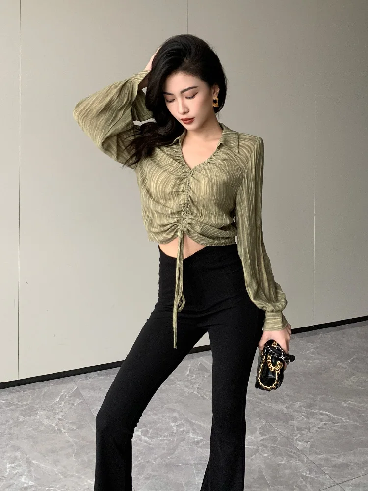 

Slimming Design Women's irt JIJINQI Autumn Winter Faion Waist-Cinching Long Sve Asymmetrical Pleated mat Sle