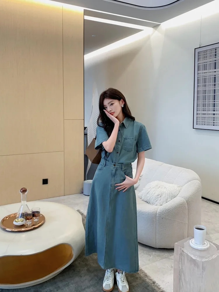 

Retro Hong Kong Style Denim Set Summer New Casual Short Sleeve Shirt High Waist Skirt Two Piece Women's Fashion Outfit