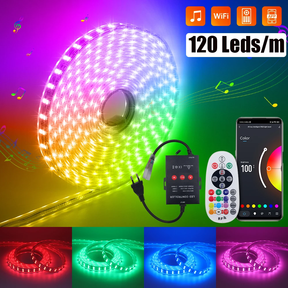 RGB levou tira de luz com wi-fi e bluetooth app, 120 leds/m, 5050, flexível, impermeável, ac 220v, para decoração do jardim