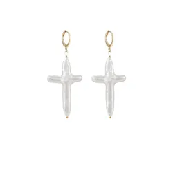 Instagram blogger's natural cross shape freshwater pearl earrings with copper gold-plated design feel
