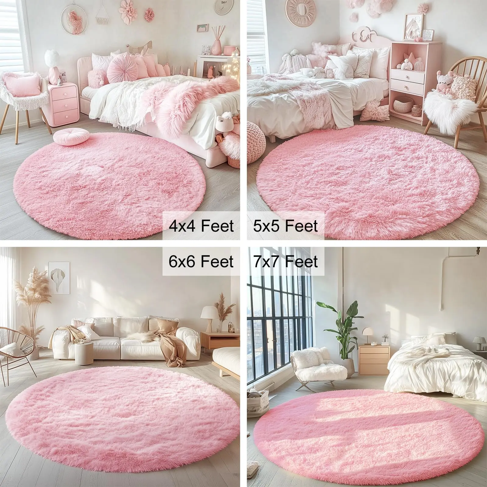 Kitinjoy Pink Round Rugs For Bedroom Soft Fluffy Machine Washable Living Room Circle Area Mat Shaggy Carpet Home Decor Aesthetic