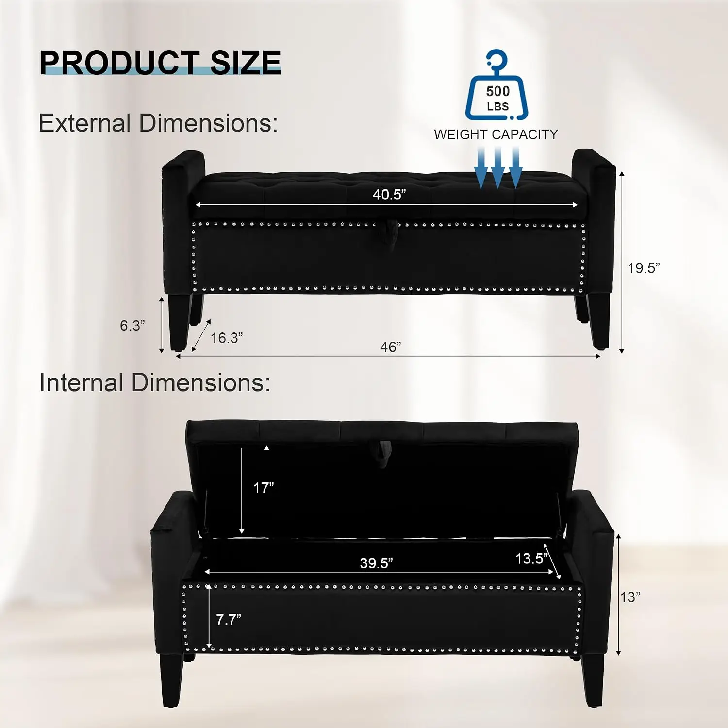 Velvet Tufted Storage Ottoman Bench with Wooden Legs & Metal Rivets for Bedroom & Living Room, Black, Customized