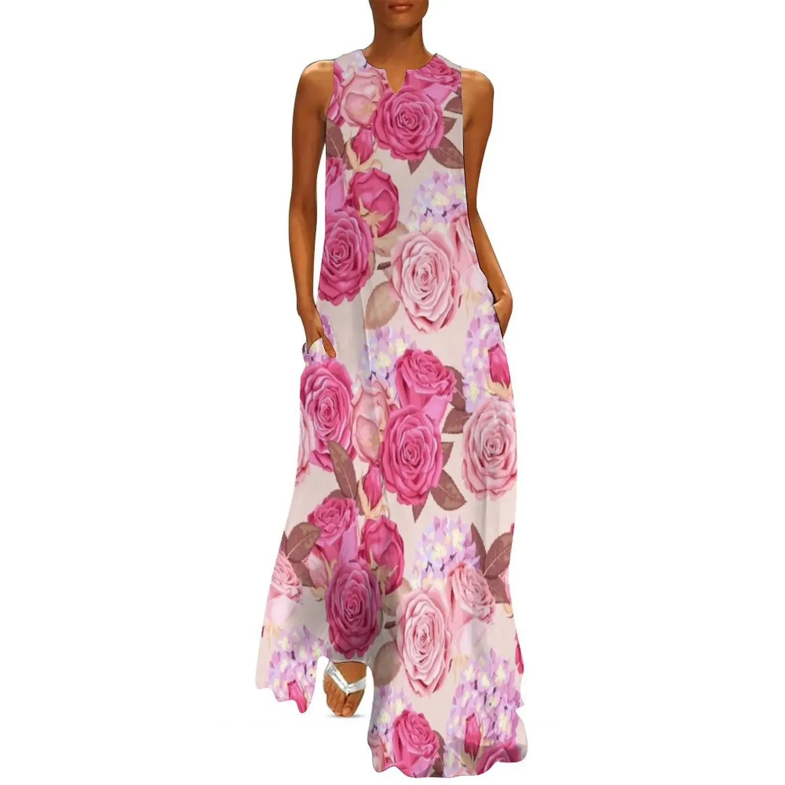 

Pink Roses Painting & Purple Hydrangea Flowers Long Dress Long dress woman Women's summer dress Dresses for wedding party