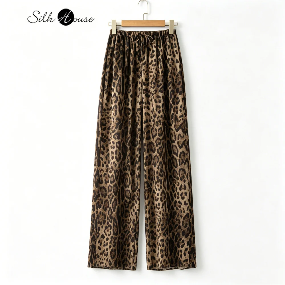 Women's Summer Fashion Clothing Retro Leopard Print 100% Natural Mulberry Silk Crepe De Chine Elastic Waist Straight-leg Pants