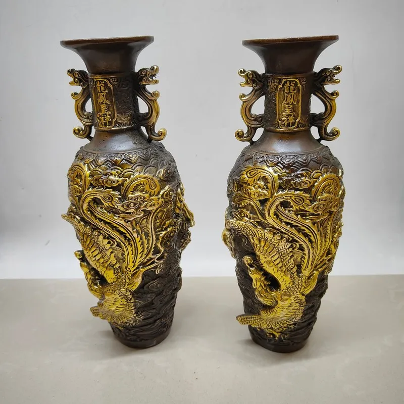 Antique Brass Gilt Dragon and Phoenix  Living Room Home Decor Distressed Purple Copper Vase Pair