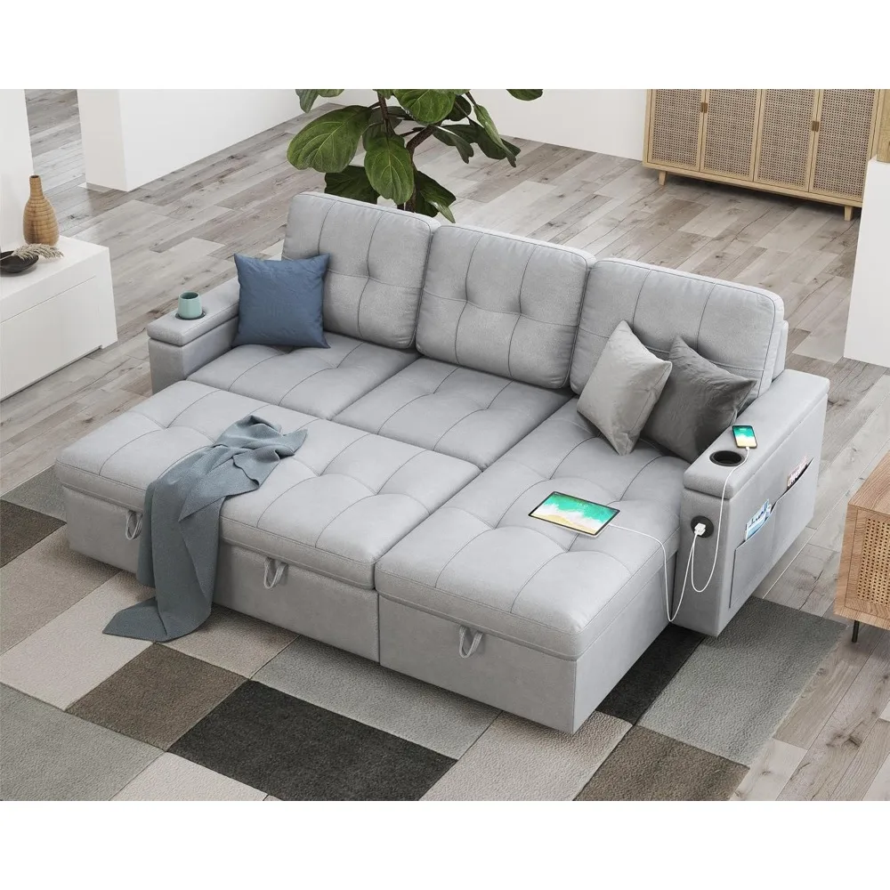 Sofa Bed, 84 Inch Pull Out Couch Bed with 2 USB & Cup Holders, Tufted L Shape Convertible Sofa with Storage Chaise