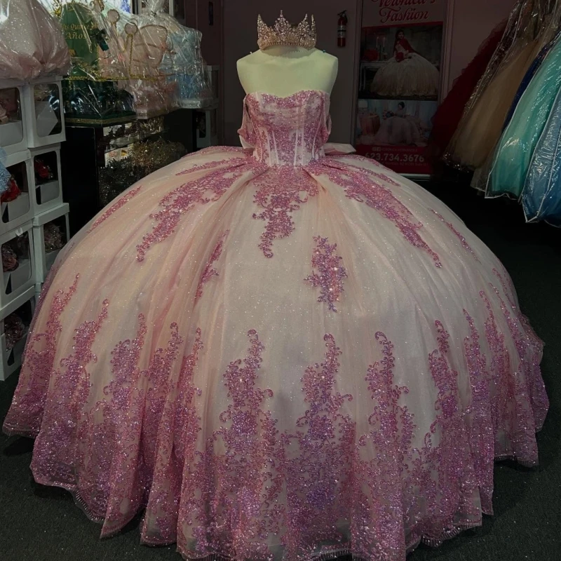 

Pink Shiny Ball Gown Quinceanera Dresses Off The Shoulder Sequin Applique Lace Beads Bow Tull Party Birthday Sweet 16 Dress Vest