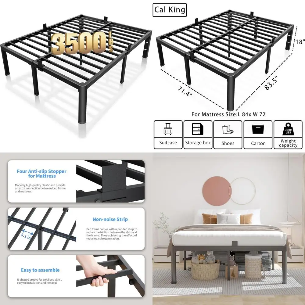 

California King Size 18 Inch Metal Bed Frame with Rounded Corners and Headboard Hole, Heavy Duty 3500LBS Steel Mattress Retainer