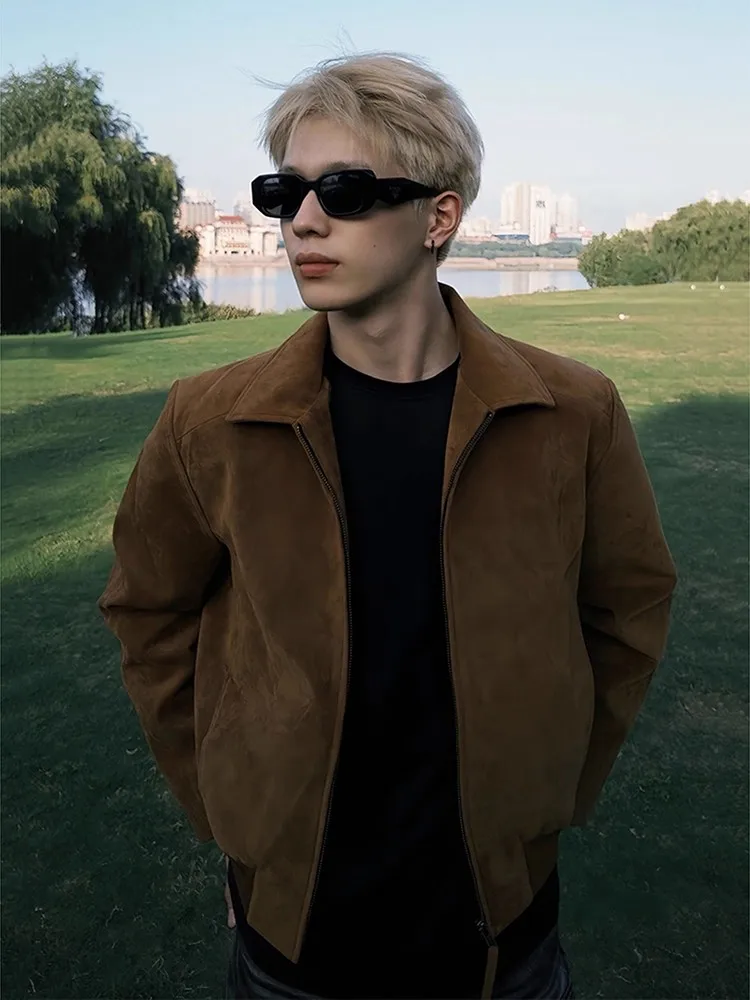 

Retro Suede ort Jaet Men's Autumn Winter American Sle CleanFit oulder High-End Feeling Top Polyester Fiber Long Sv...