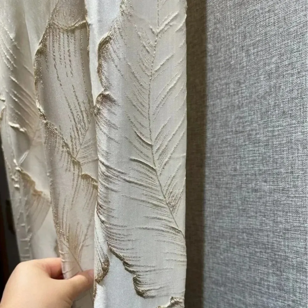 

New High-precision Embossed Gold Thread Jacquard Beige Leaf Three-dimensional Curtains For Living Room Bedroom Custom