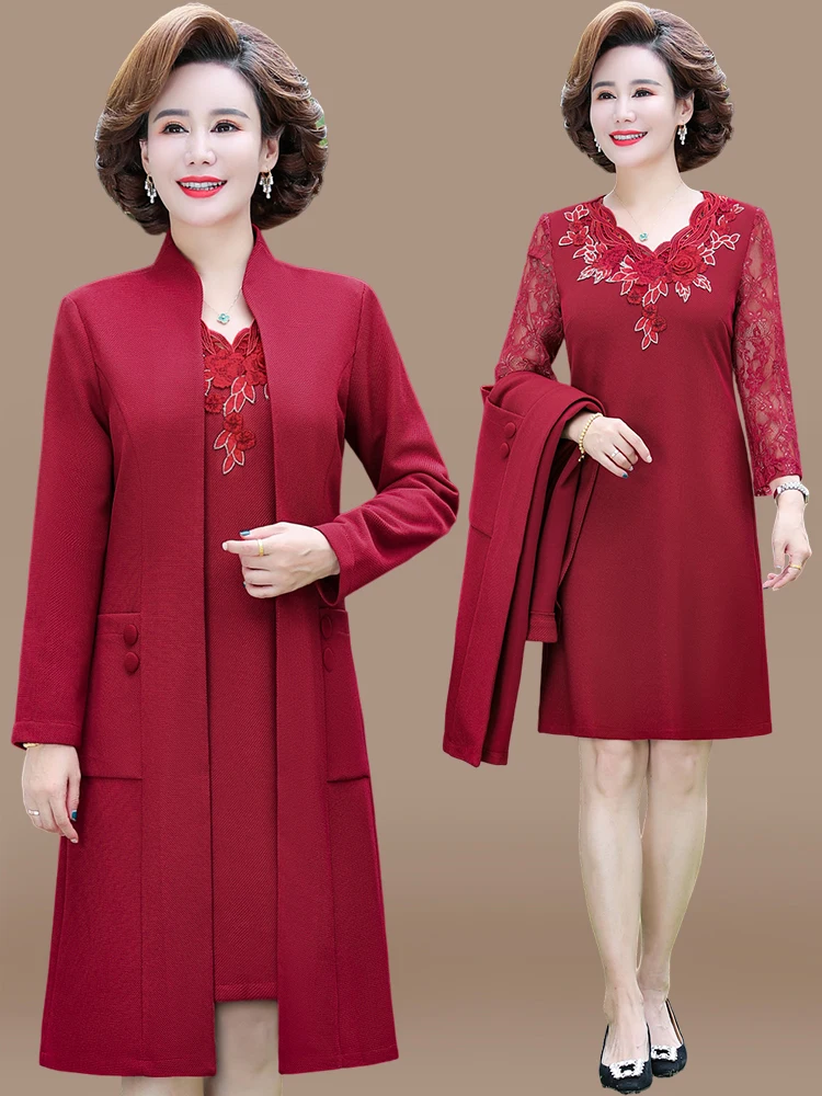 ชุดแต่งงานสำหรับคุณแม่ เสื้อคลุมคุณภาพสูงสำหรับฤดูใบไม้ผลิและฤดูใบไม้ร่วง แฟชั่นสำหรับคุณแม่เจ้าสาว ชุดสำหรับผู้หญิงสูงวัย