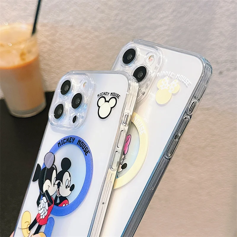 Disney Clear Mickey Minnie Mouse etui na iPhone 14 13 12 11 15 Pro Max do magnetycznej bezprzewodowej animacji ładowania