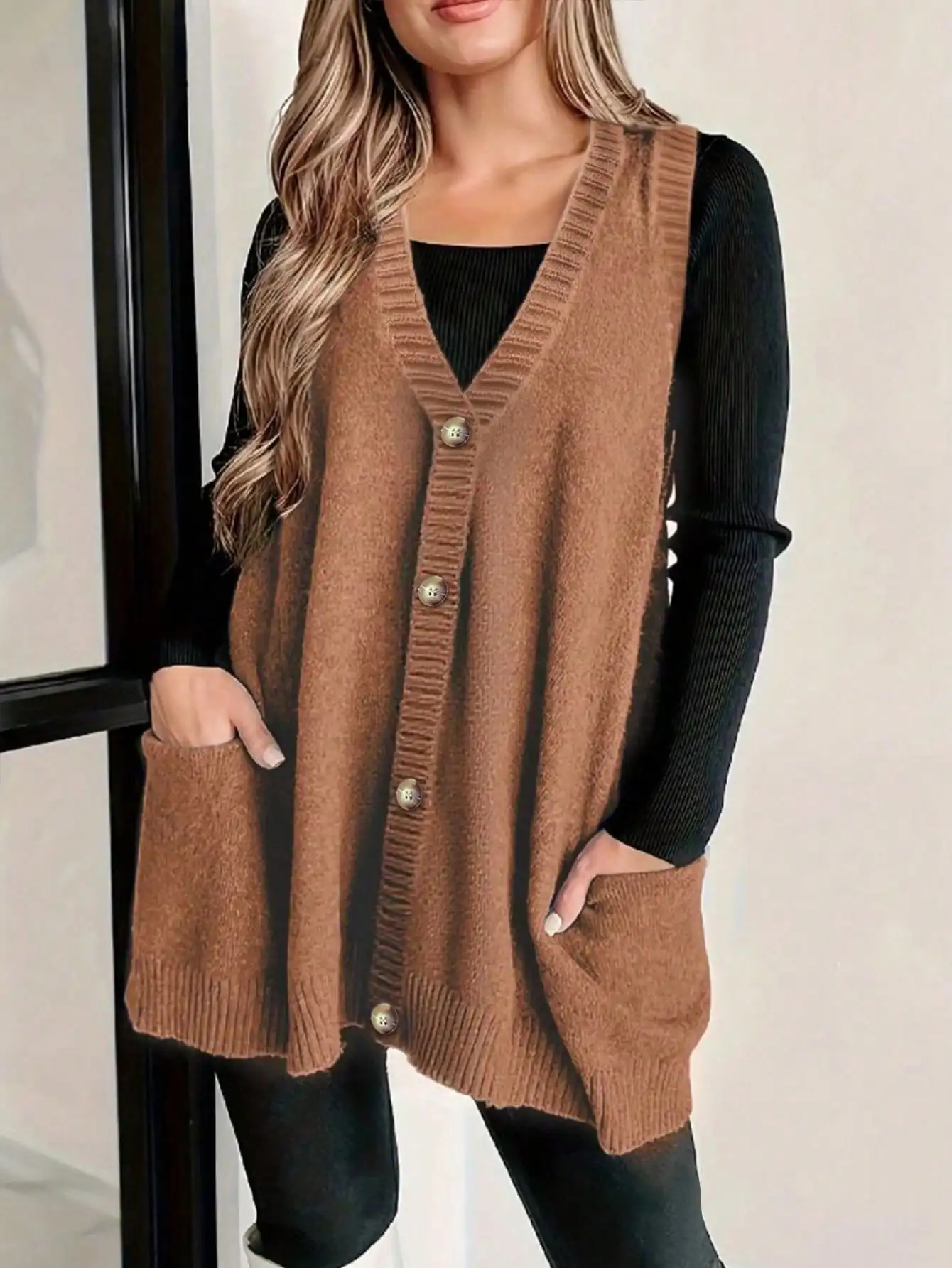 

Модный повседневный однобортный кардиган с v-образным вырезом и карманами,