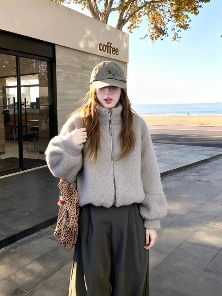 Loose Fit Lange Sve Stand Kraag Bont Jaet Dames Herfst Winter Warme Zachte Bovenkleding Koreaanse Sle Lazy Faion