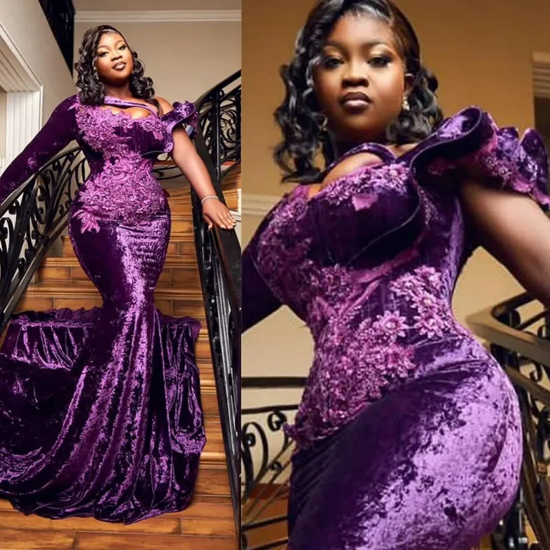 African Purple Velvert Elegant Mermaid One Shoulder Long Sleeve Lace Beads Evening Dresses For Special Occasion Party Gowns 2024