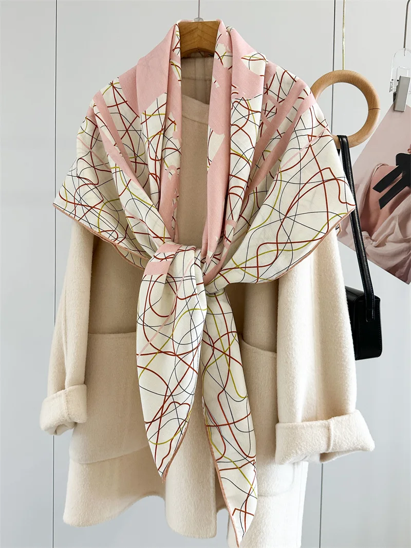 2026 Large Square Women's Scarf Double‑Sided Silk Wool Shawl Wrap Abstract Line Print Soft Warm Neck Scarf Elegant Accessory