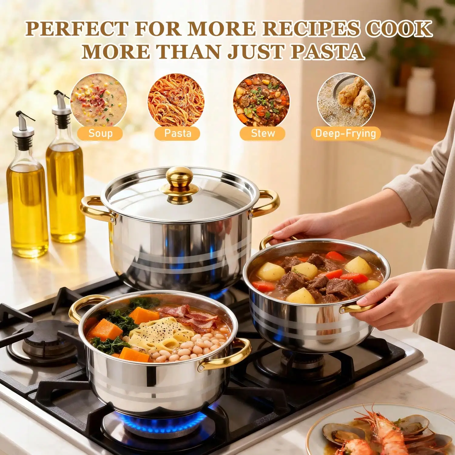 Stainless Steel Pot Set Modern Luxury Cookware Stock Pot Set Silver Body Gold Handles 10 Pcs Set 5 Pots 5 Lids Multi Size Deep Stock Pot For Home Kitchen Restaurant Cooking Soup Noodles Hot Pot Pasta view 5