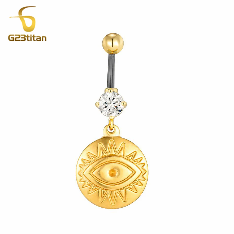 Turkey Evil Eye Golden Stainless Steel Navel Piercing Jewelry G23 Titanium Barbell Zircon 1.6mm 14G Surgery Body Bar Belly Rings