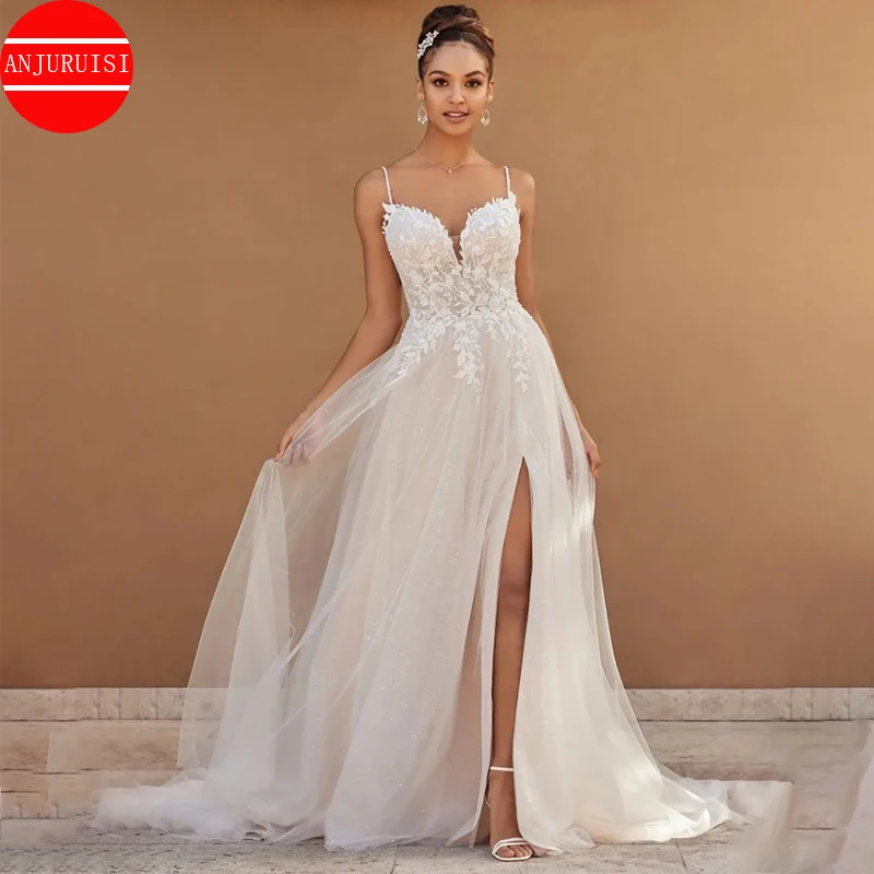 

ELegant Appliques Spaghetti Straps Wedding Dresses For Women 2024 Sexy Side Split Vestidos De Novia Bride Gowns Sparkly Tull