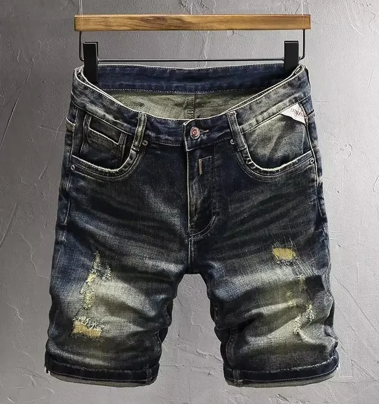 

Мужские джинсовые шорты премиум-класса, повседневные, в стиле ретро, с эффектом потертости, с элементами пэчворка, из хлопка со стрейчем, со средней посадкой, на молнии