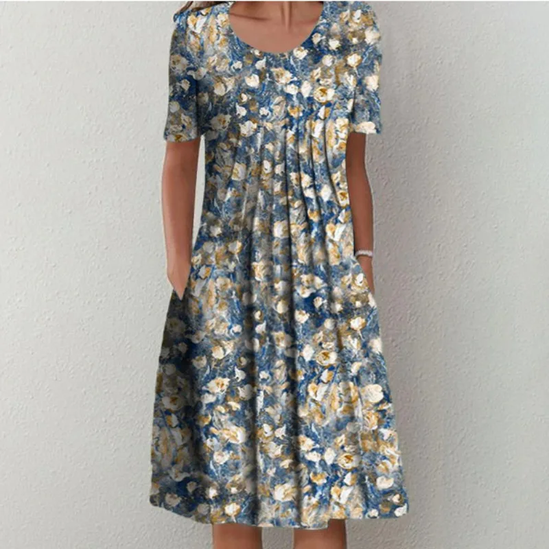 Spring Summer Women's Dresses Folds Elegant Casual Loose Round Neck Vestidos New Floral Printing Short-sleeved Dress For Female