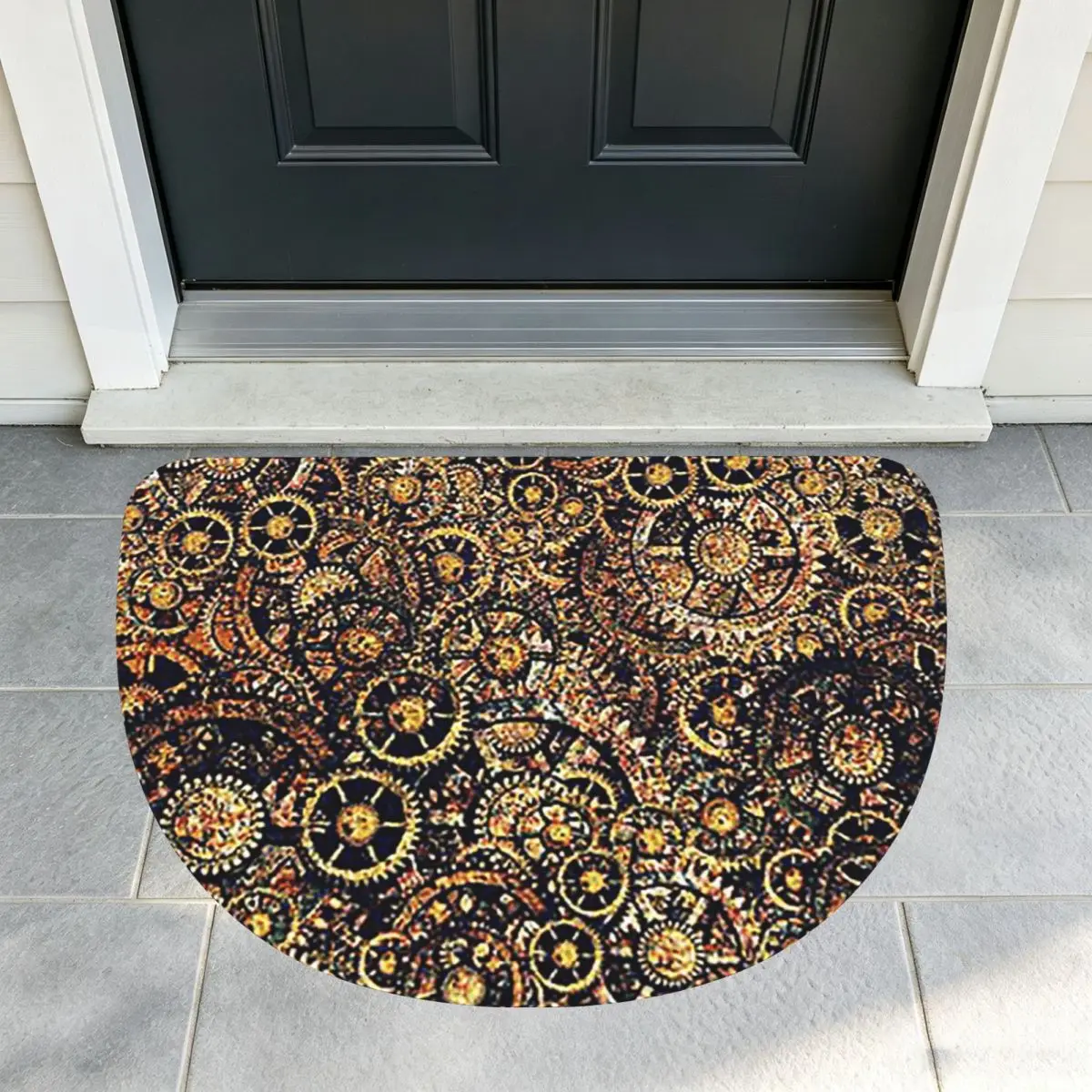 Steampunk Gear Art Steampunk Golden Cogwheel Gears Half Round Doormat Non Slip Bathroom Mat Absorbent Floor Carpet for Garage