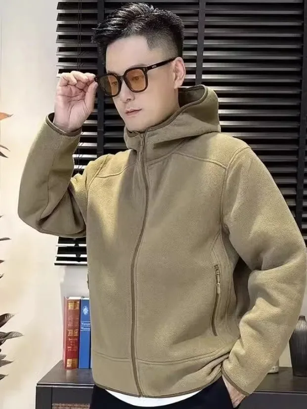 

Men's Double-Sided Fce Hooded Jaet Spring Autumn Windproof Warm Casual Sle Polyester Fabric Long Sve Zipper Closure