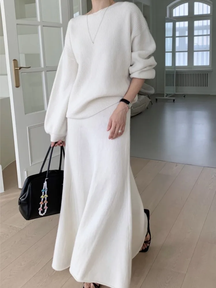 Autumn Winter Chic Knitted Two Piece Set Puff Sleeve Sweater Lazy Oaf Pullover Women Korean Midi Skirt Woman Ladies Sets