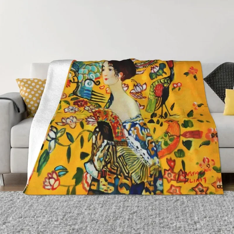 Gustav Klimt Fleece Throw Blanket Lady with Fan Blanket for Bed Couch Warm Bed Rug