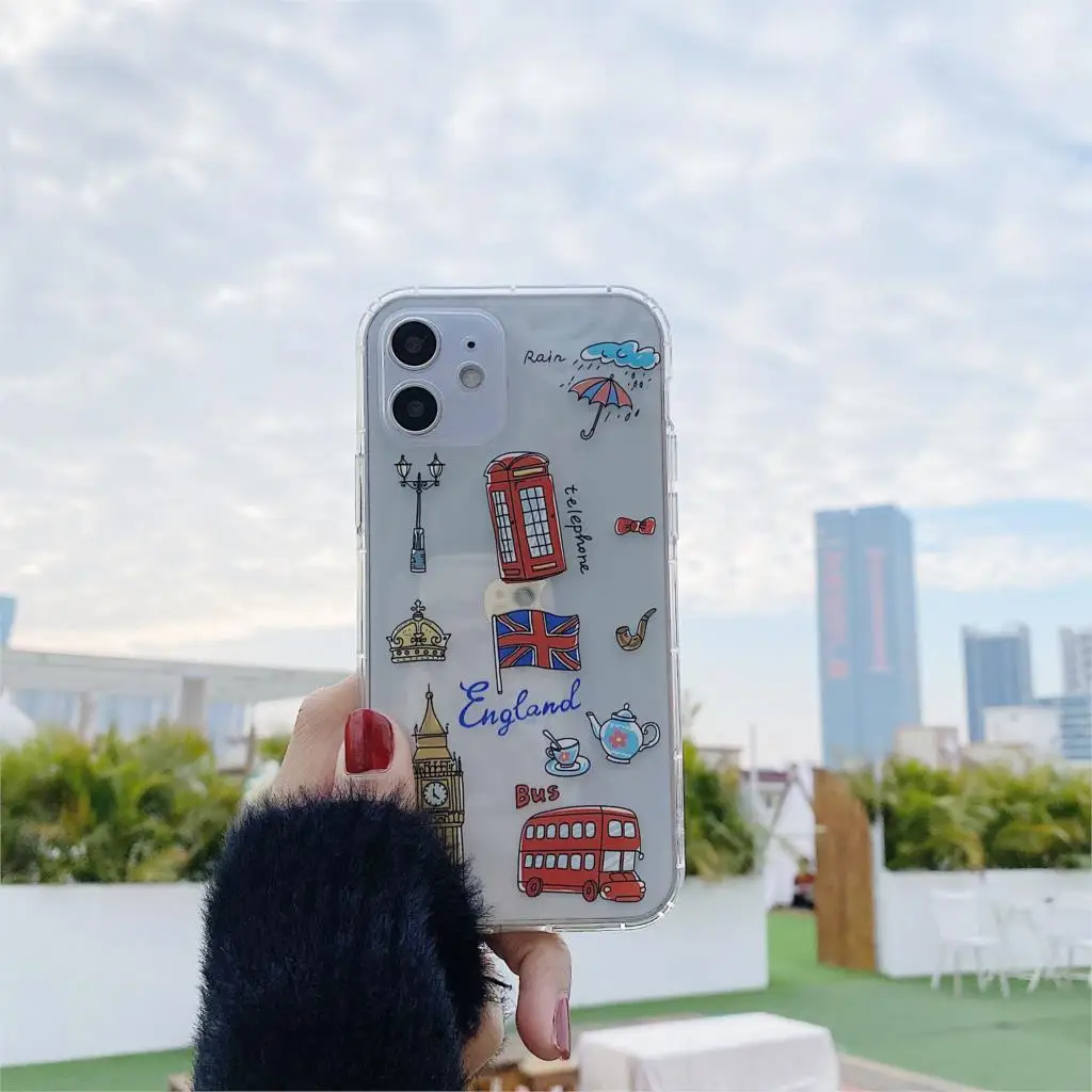 Cute London Paris Eiffel Tower Patterned Phone Case For iphone 15 11 12 Pro Max X XS MAX XR 8 7 plus Soft Clear Shockproof cover