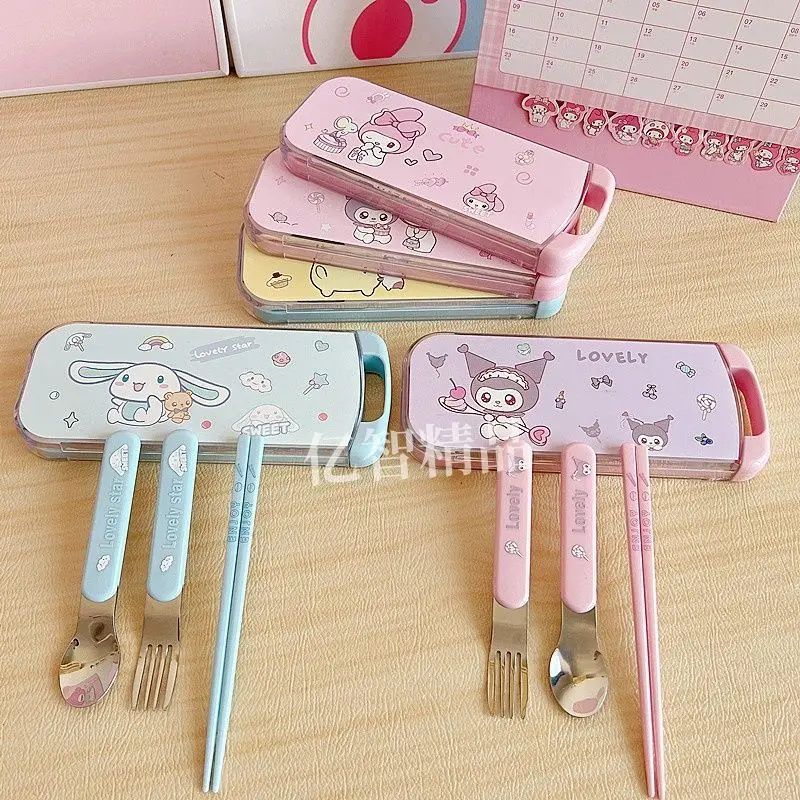 

New Sanrio Hello Kitty Kawaii Anime Three Piece Set Cartoon student light luxury portable travel cutlery box Y2K Toys for Gifts