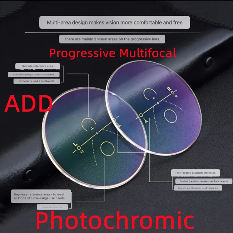 1.56 1.61 1.67ADD Photochromic progressive multifocal reading glasses are used for the eyes to see far and near color lenses