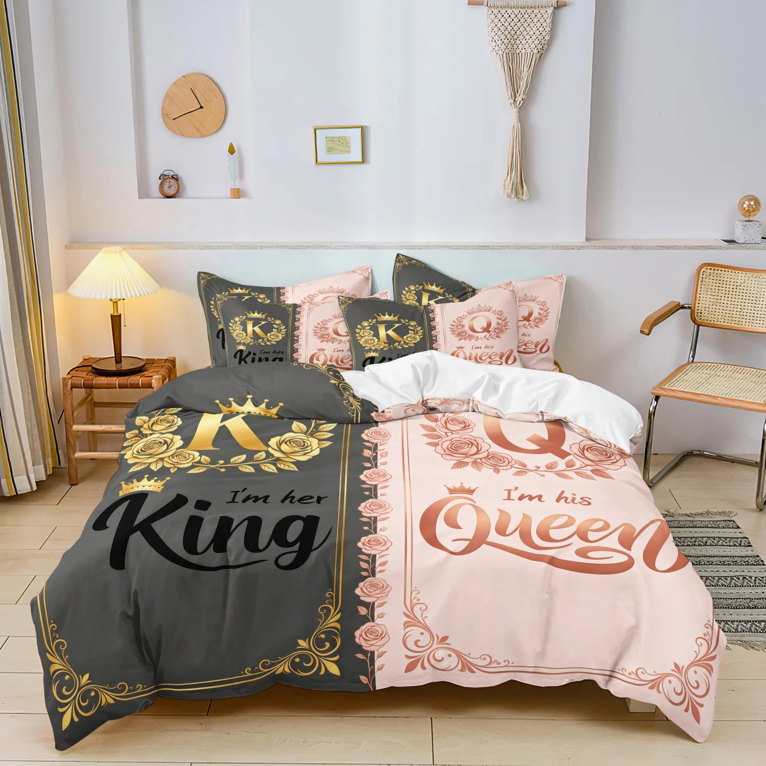 3Pcs Romantic King & Queen Couple Duvet Cover Set, Grey Pink Design Golden Crowns and Roses, I'm Her King I'm His Queen Bedding