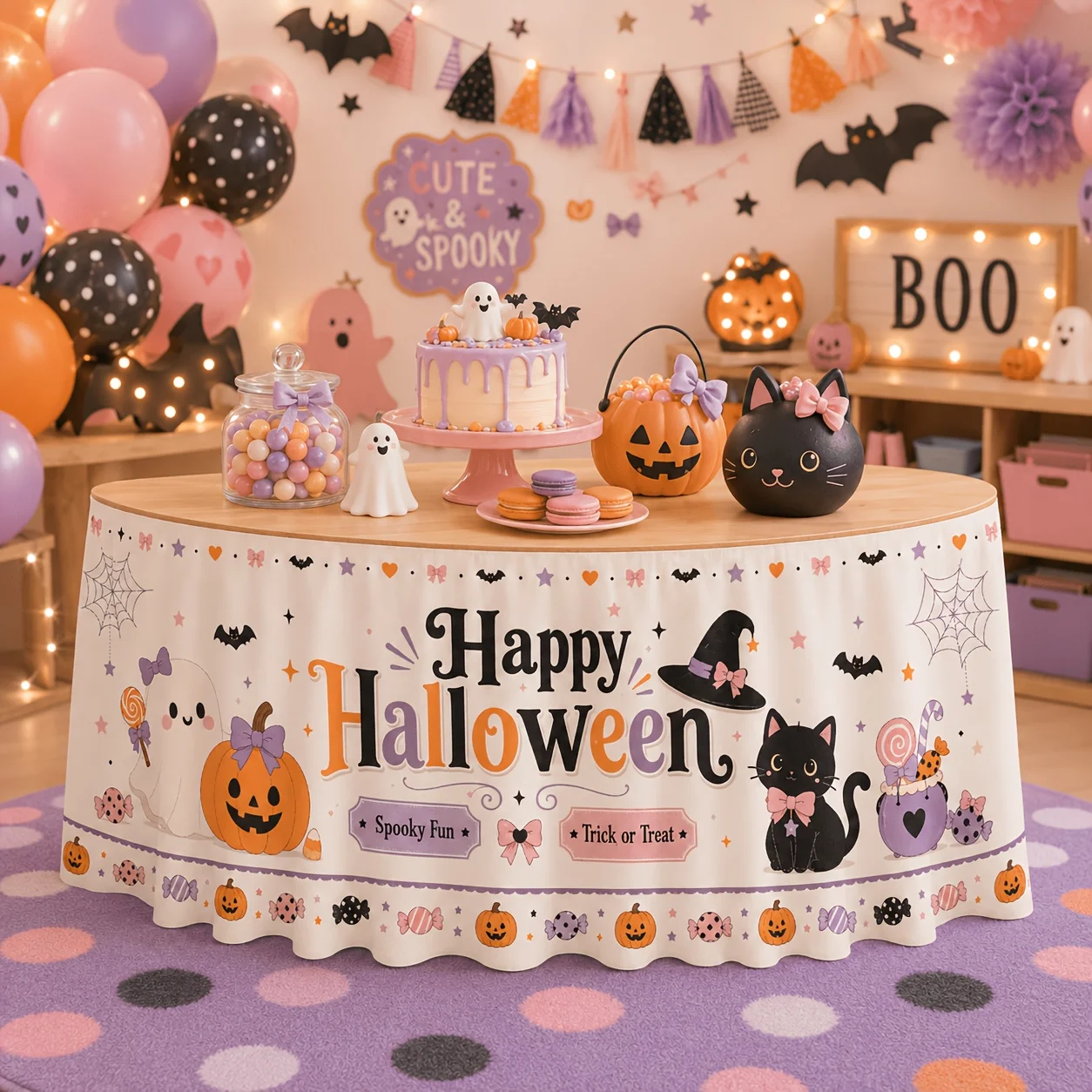 1 piece of tablecloth or table skirt, polyester, Happy Halloween, lucky lamp, ghost, black cat, witch hat, spider web, candy