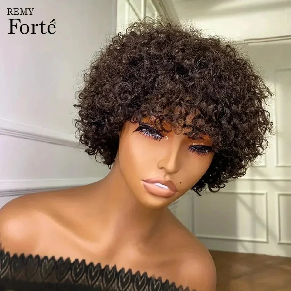 Brown Brazilian Afro Kinky Curly Human Hair Wigs Remy Short Pixie Cut Wig Cheap Full Machine Human Hair Bob Wigs For Women 180%