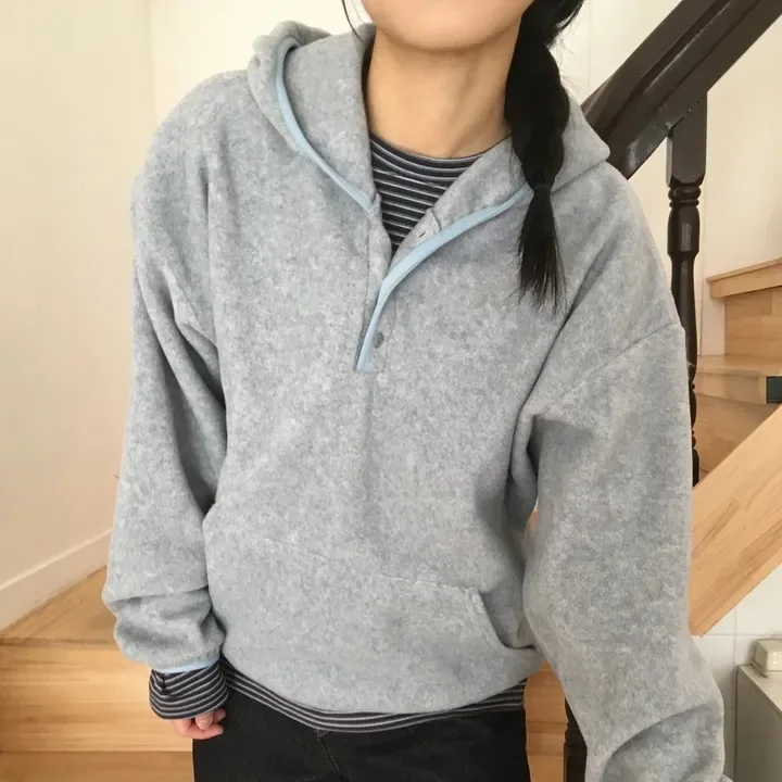 

Chic Vintage mat Color Blo Hoodie Women's Long Sve Pullover Fce Jaet Korean Sle Straight Cut Winter Coat