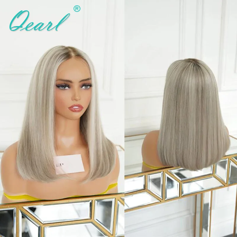 

Women Fashion Human Hair Wigs Ash Grey Blonde Highlights Bob Lace Frontal Wig Straight Soft 13x4 Short Wigs Glueless Qearl