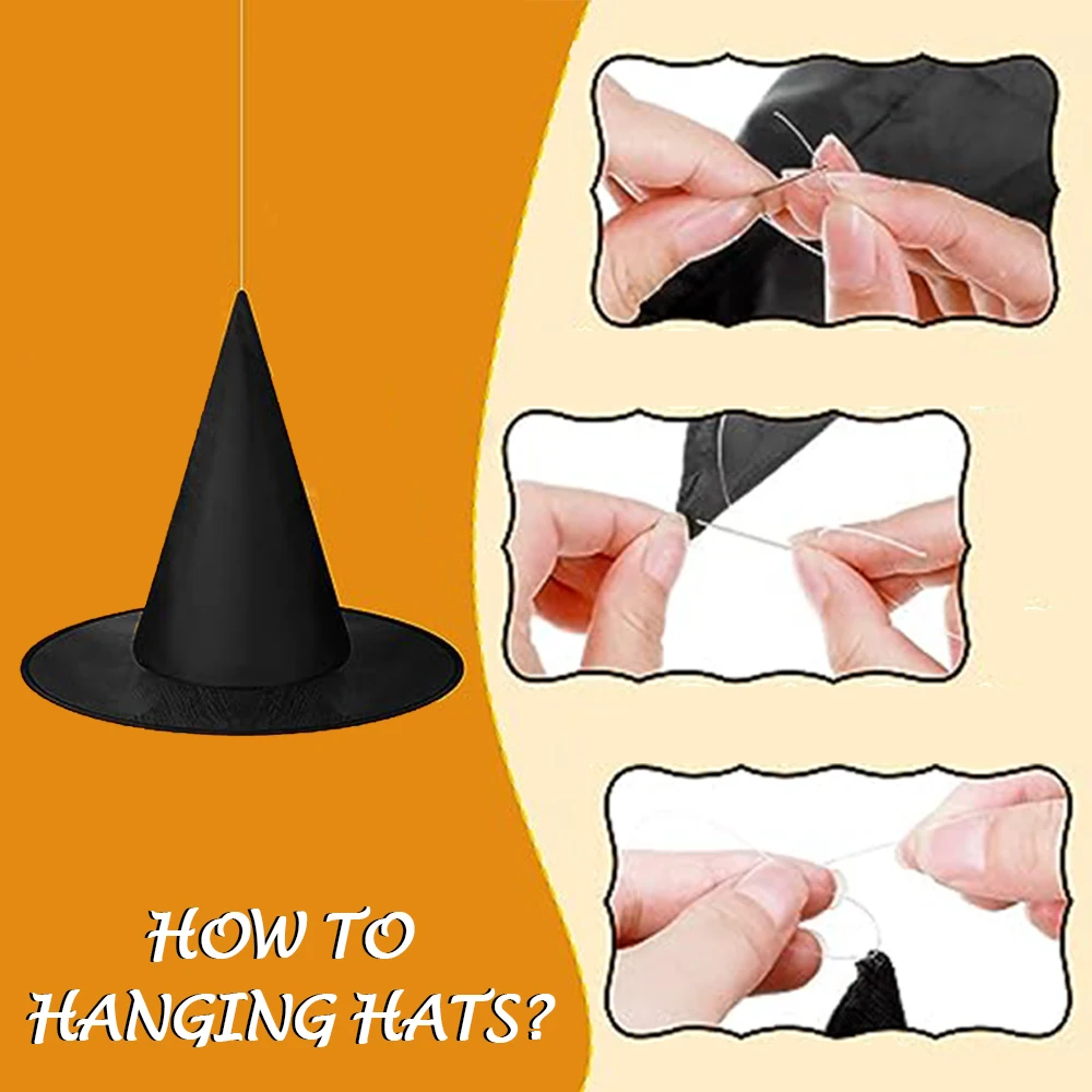 12/24Pcs Hanging Witch Hats with 40M Hanging Rope Halloween Wizard Hats Party Decoration Floating Front Porch Yard Decor