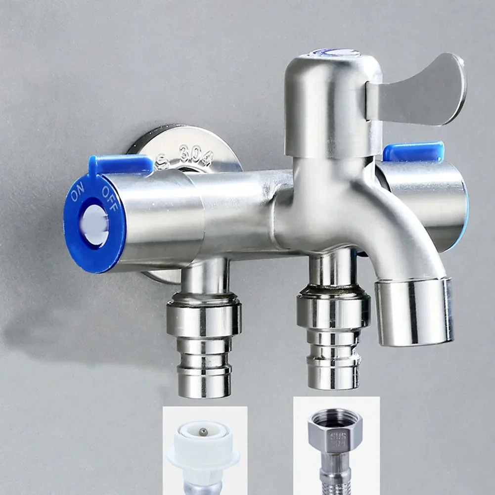 Stainless Steel Three Way Tap Sink Faucet Washing Machine 2 Way Angle Valve With Raw Tape 12x6x9cm G1/2