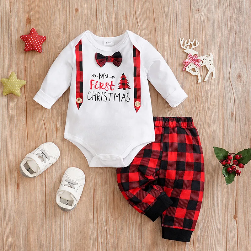 Christmas Newborn Baby sets 2pcs Autumn and winter bow tie plaid long-sleeved clothing comfort long sleeve Unisex Baby Bodysuits