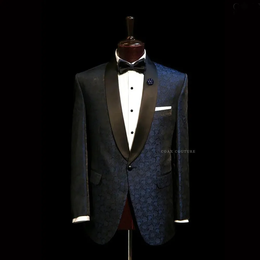 Navy Blue Formal Men Suits Spring Autumn Jacquard Weave Two Pieces Groom Wear ( Jacket + Pants )