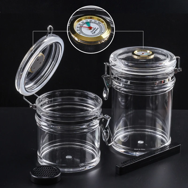 Acrylic Cigar Humidor Jar Hygrometer Sealed Can Clear Moisturizing Jar with Cigar Humidifier for Tea Leaves Coffee Beans Storage