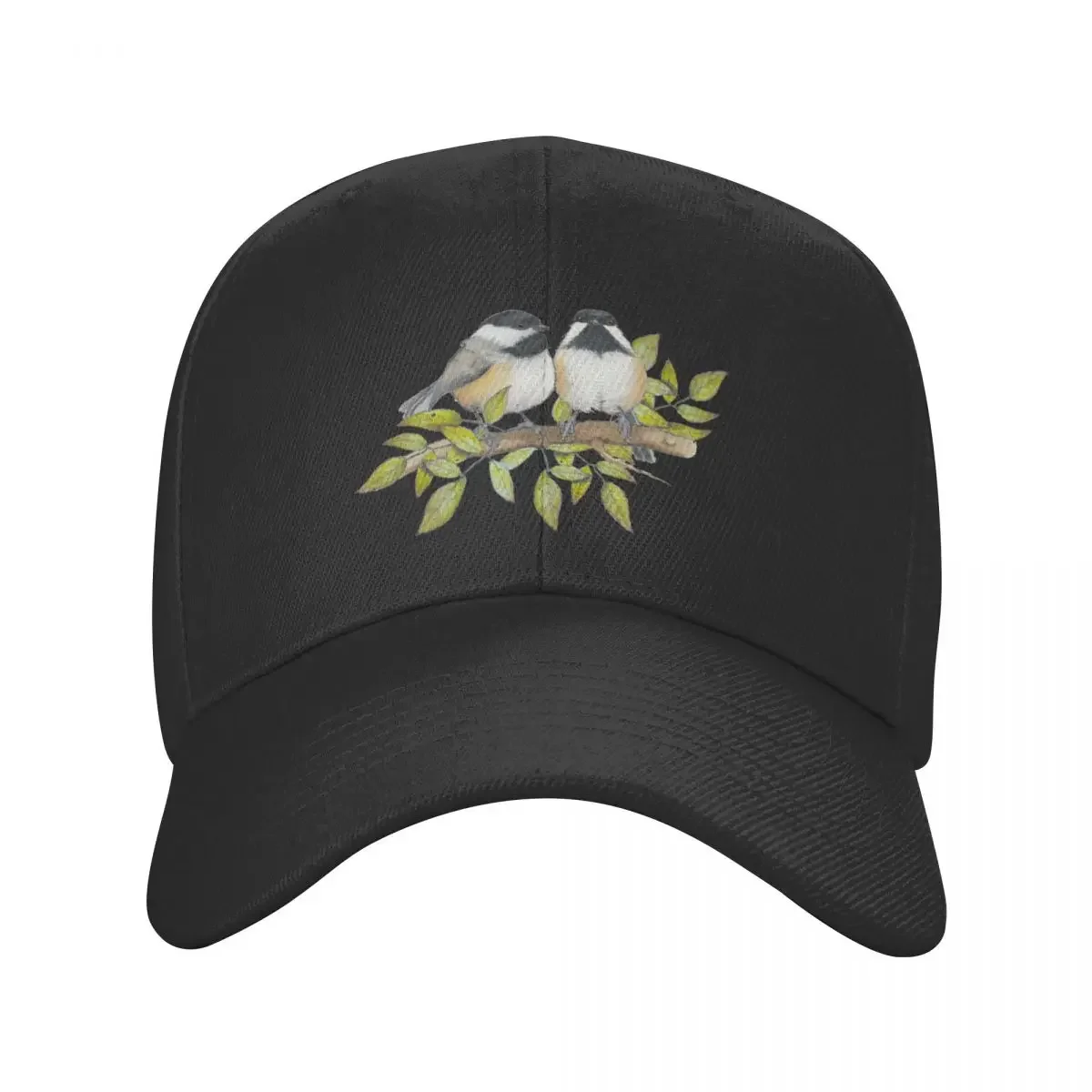 Chickadee Couple Illustration, Birds, Hand Drawn Wildlife Art Baseball Cap Custom Cap hard hat hiking hat Woman Men's